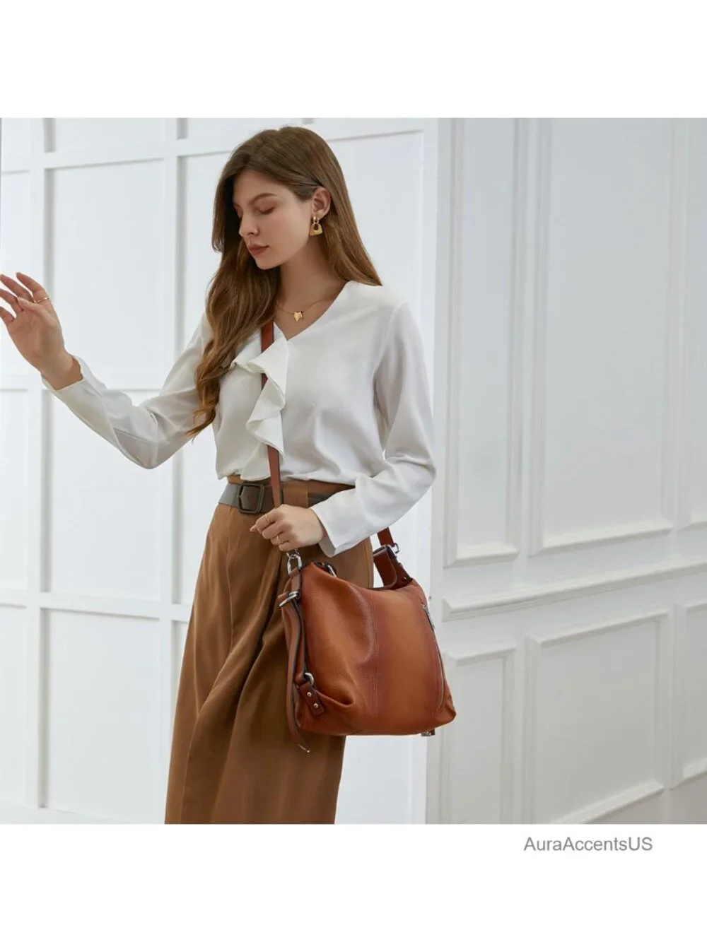 HESHE Top-Layer Cowhide Leather Hobo Shoulder Bag with Adjustable Strap